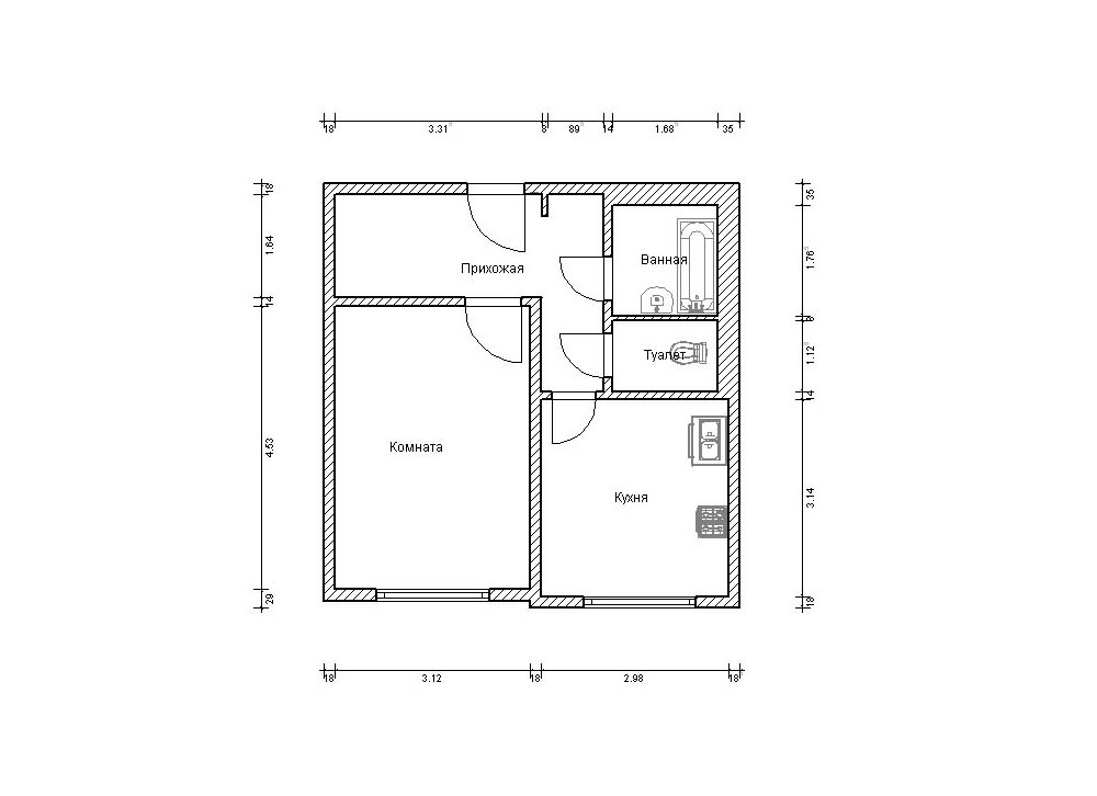 План однокомнатной квартиры с размерами для черчения