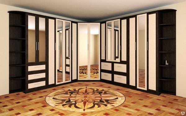 угловой шкаф с зеркальными дверями в гостиной в современном стиле