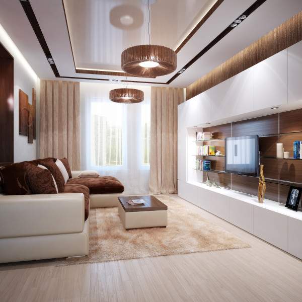 Современный дизайн зала в квартире в белом и коричневом цвете