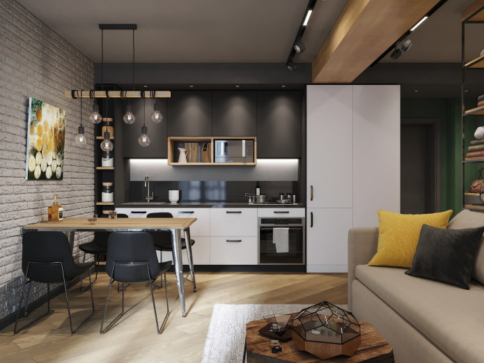 интерьер кухни-гостиной 15 квадратов в стиле лофт