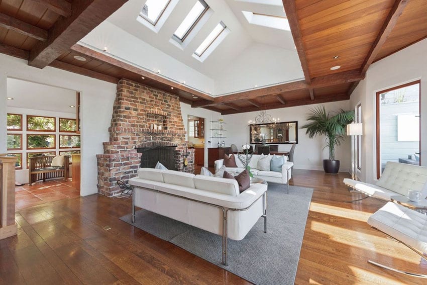 Modern living room with wood floors high ceiling