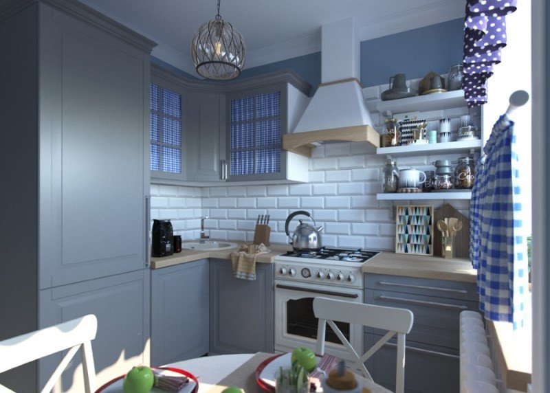 Интерьер кухни в стиле прованс с преобладанием серых и голубых оттенков