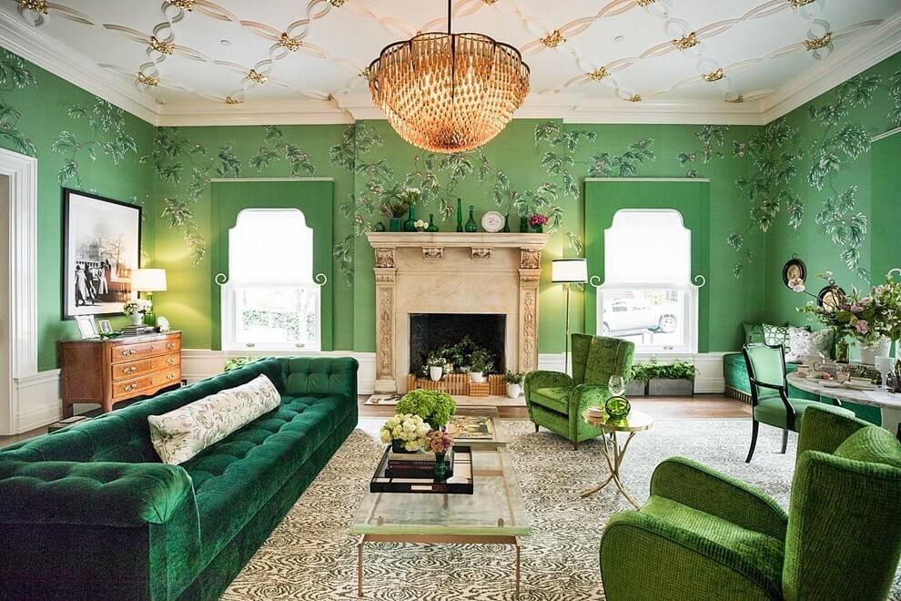гостиная комната в зелёном цвете дизайн