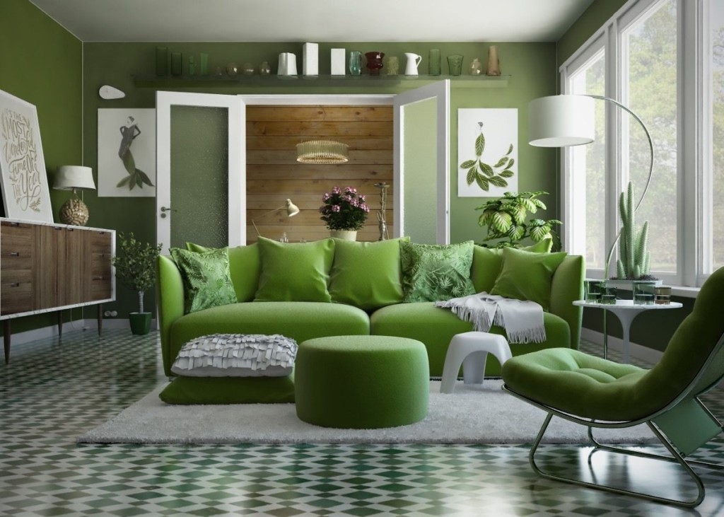 гостиная комната в зелёном цвете оформление