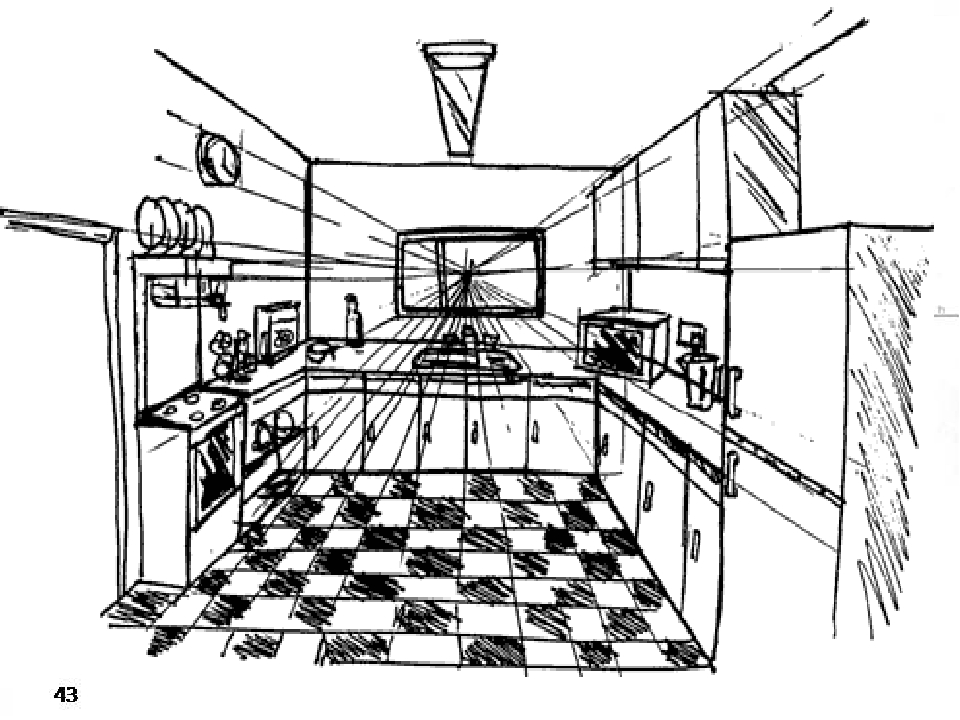 Рисунок комнаты 7 класс. Сферическая перспектива интерьера. Комната в перспективе. Сферическая перспектива комнаты. Перспектива кухни угловая перспектива.