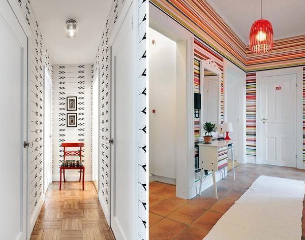Для маленького коридора лучше подобрать обои с рисунком в виде горизонтальных штрихов или линий