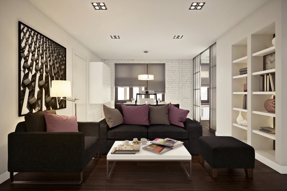 Дизайн маленькой квартиры-студии с лиловыми акцентами