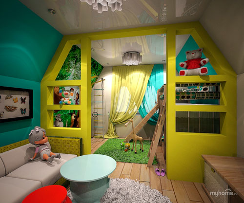 Детская мансардная комната для двух детей с игровой зоной