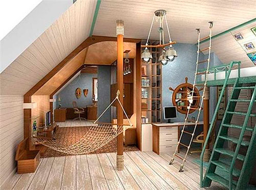 Детская мансардная комната для мальчика в морском стиле