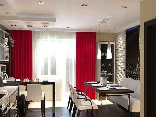 Черно-белая кухня с красным текстилем