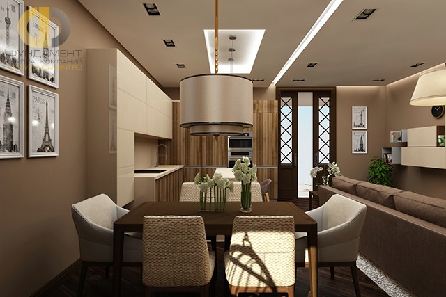 Дизайн эклектичной кухни-столовой в четырехкомнатной квартире 