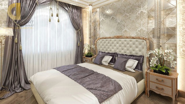 Светлая спальня в стиле арт-деко в интерьере двухуровневой квартиры на ул. Бажова