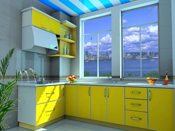 Желтая кухня синий фартук