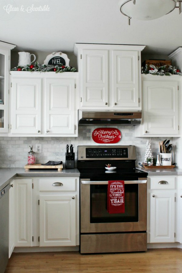Christmas decorating ideas for the kitchen with traditional red and white.