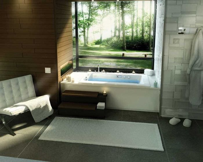 идея современного стиля ванной с окном