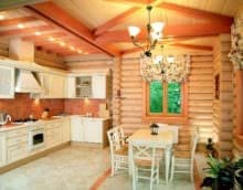пример яркого стиля кухни в деревянном доме