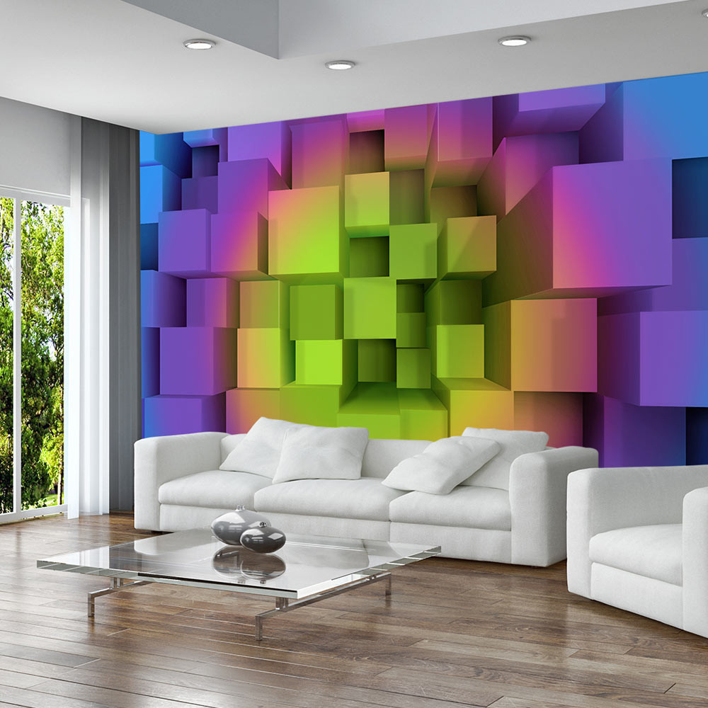 Стена квадратики. Разноцветные стены. Разноцветные стены в интерьере. Фотообои абстракция в интерьере. Яркие фотообои в интерьере.
