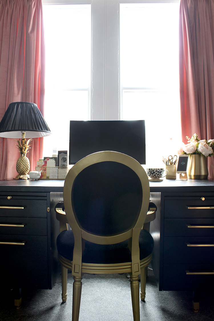 black and gold home office with blush pink curtains